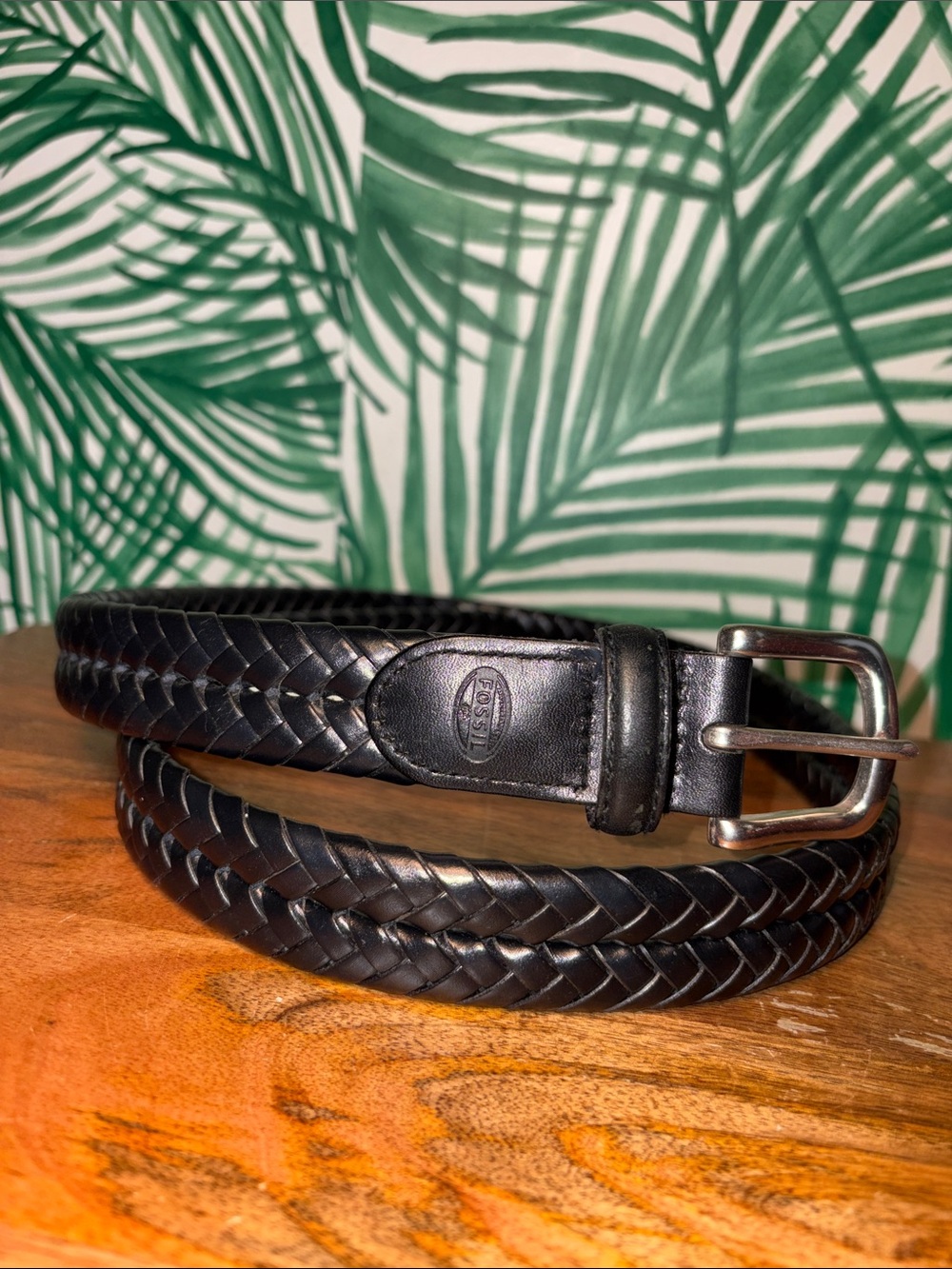 Vintage Fossil Black Braided Leather Belt. Silver Buckle Men’s Size 38